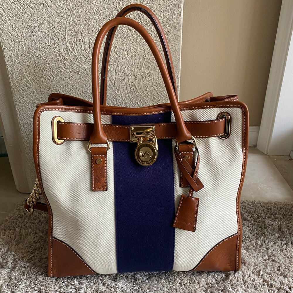 Michael Kors Large Hamilton Striped Satchel Purse - Picture 2 of 10